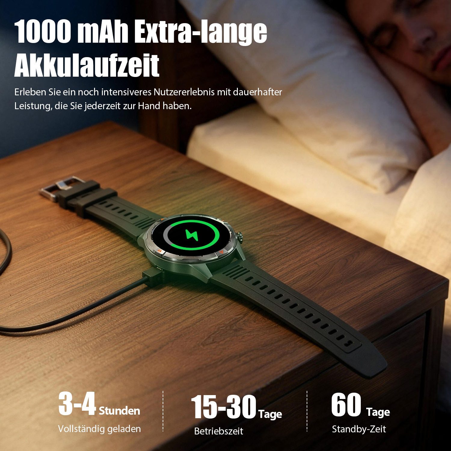 ANYSUN Militär Smartwatch Herren, Outdooruhr mit 1000mAh Smartwatch (1,7 Zoll) LED Taschenlampen, Bluetooth-Anrufe,Kompass,Puls-SpO2-Schlaf-Monitor, 100+ Sportmodi Fitness-Tracker,Schrittzähler IP68, für iOS Android