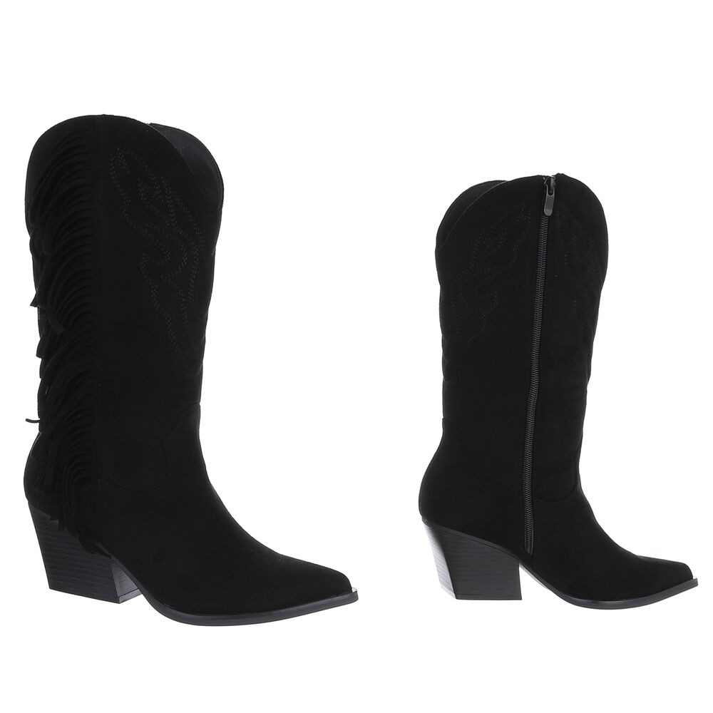 Ital-Design Moderne Damen-Stiefel mit Fransen für Freizeit und Events Westernstiefel (90458160) Blockabsatz Stiefel in Schwarz – Bild 4 von 5