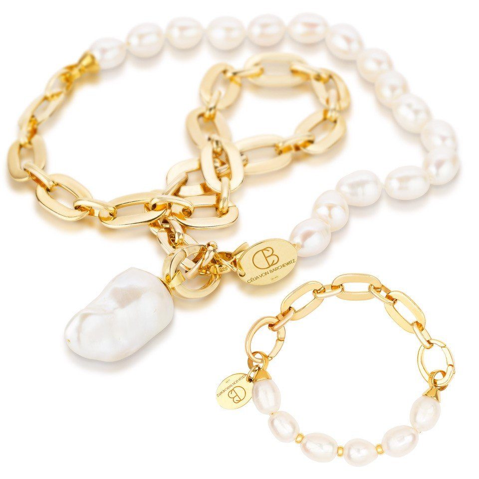 Celia von Barchewitz Ketten und Armband Set "SARAYU" ovale Süßwasser-Zuchtperlen mit Gliederkette (Armband und passende Perlen-Halskette), Kettenanhänger Barockperle austauschbar