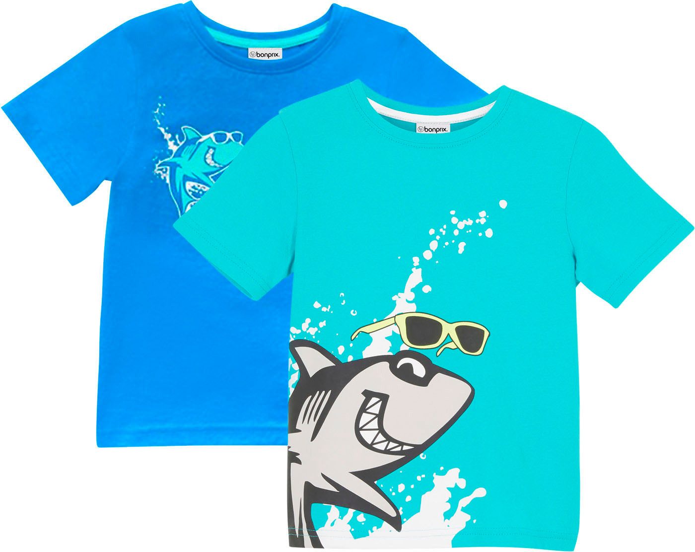 bonprix T-Shirt (Packung, 2-tlg) bequeme Passform, Kurzarm, mit Haifisch-Druck, aus Baumwolle