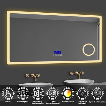 duschspa Badspiegel 80-160 cm Uhr, Beschlagfrei, 3xSchminkspiegel Kalt/Neutral/Warmweiß, Bluetooth