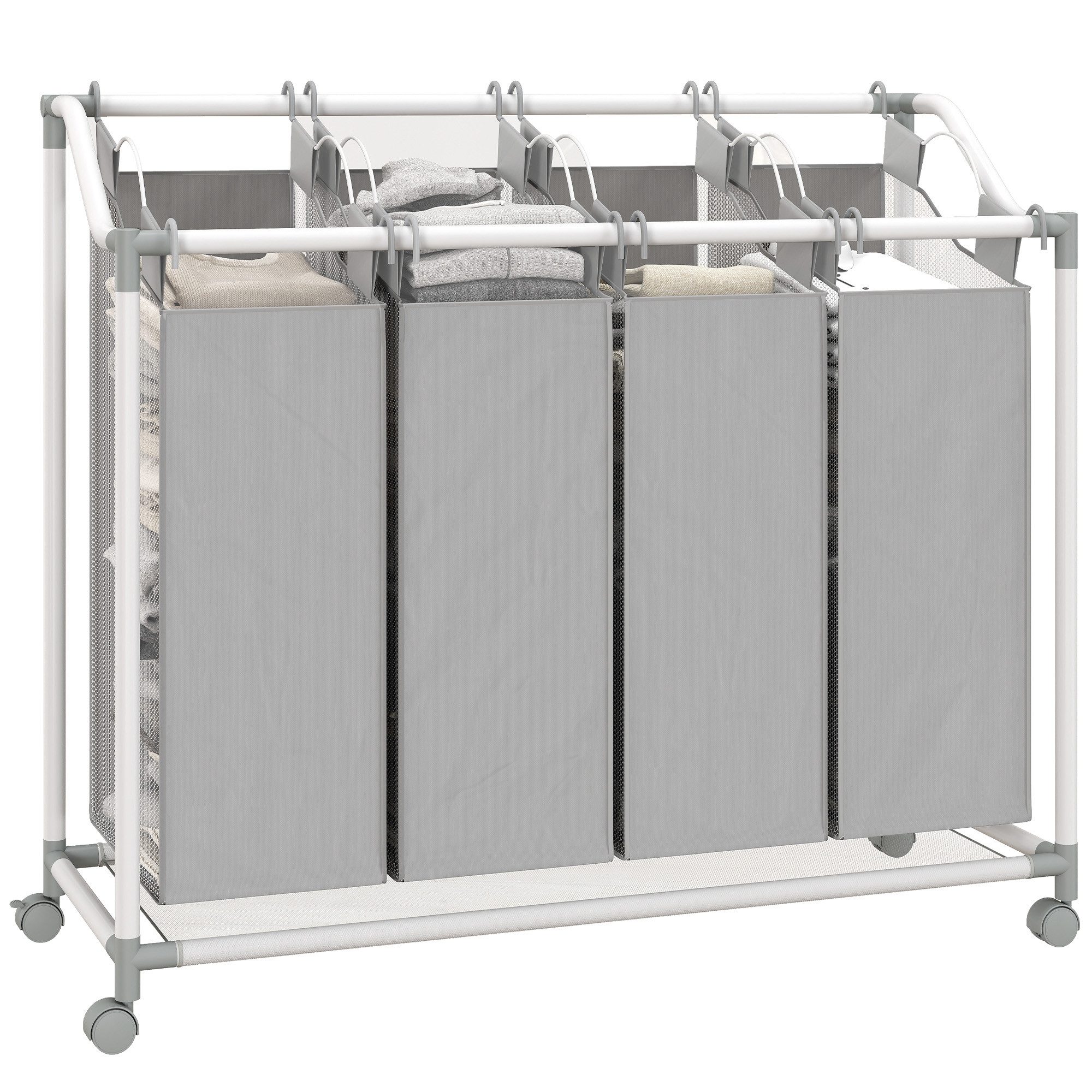 HOMCOM Wäschekorb 4 Fächer 160 L Wäschesack, Wäschesortierer mit Rädern (Wäschesammler, 1 St., Wäschebox), für Waschküche, Schlafzimmer, Badezimmer, Grau – Bild 2 von 5