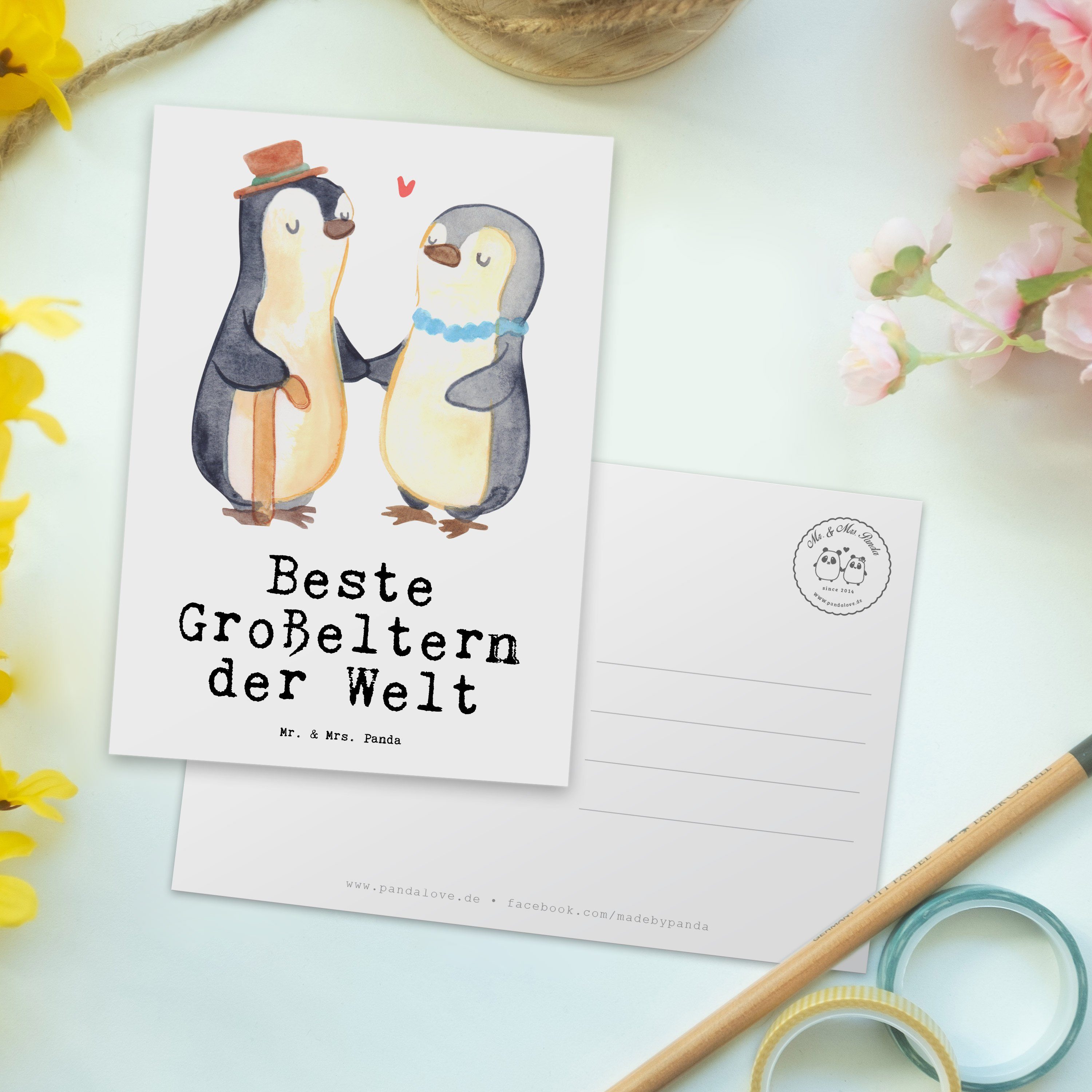 Beste - der Mr. Grußkarte, Pinguin Panda Mrs. Oma - Großeltern Weiß Postkarte & Geschenk, Welt