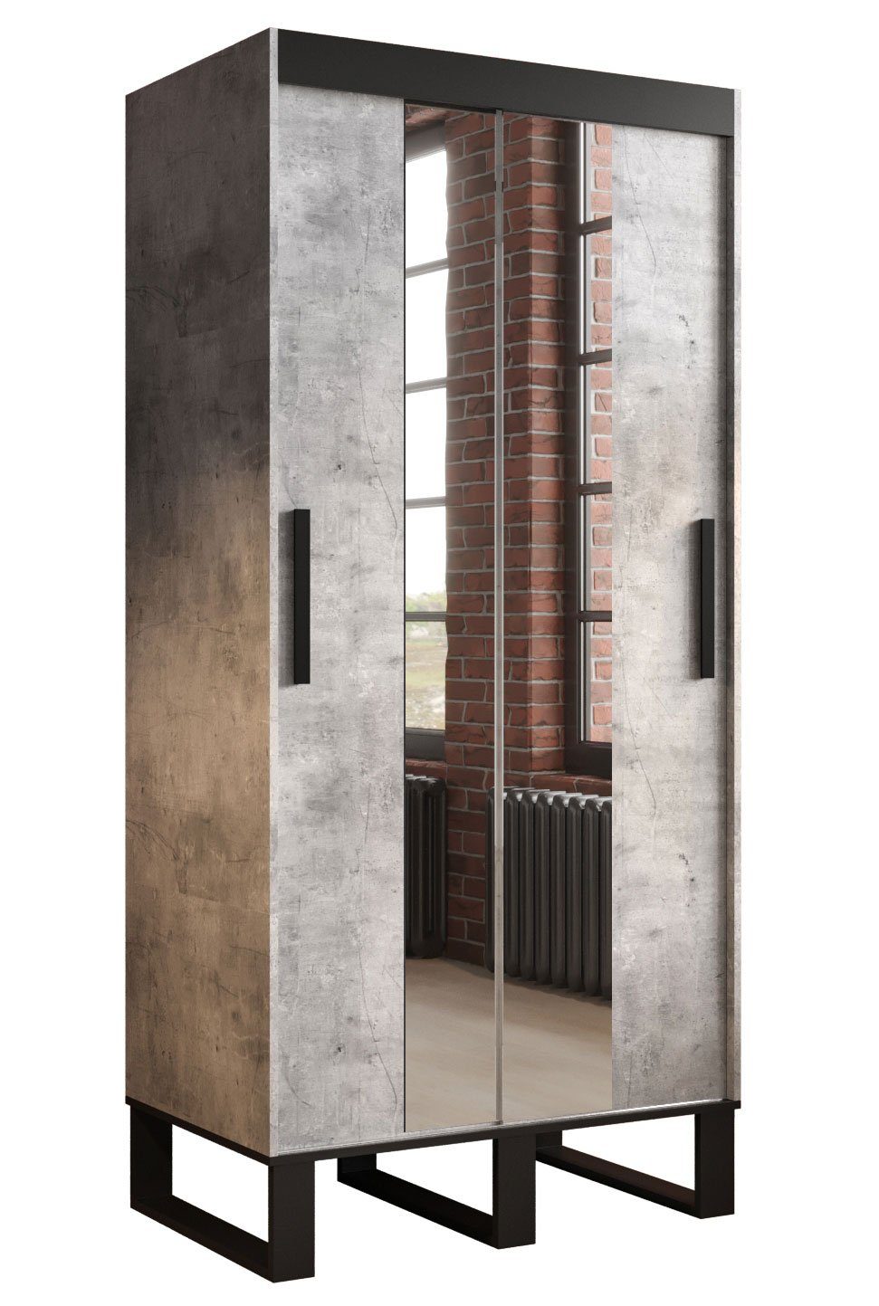 Feldmann-Wohnen Schiebetürenschrank Loft (Loft) Breite wählbar beton / schwarz mit Spiegel