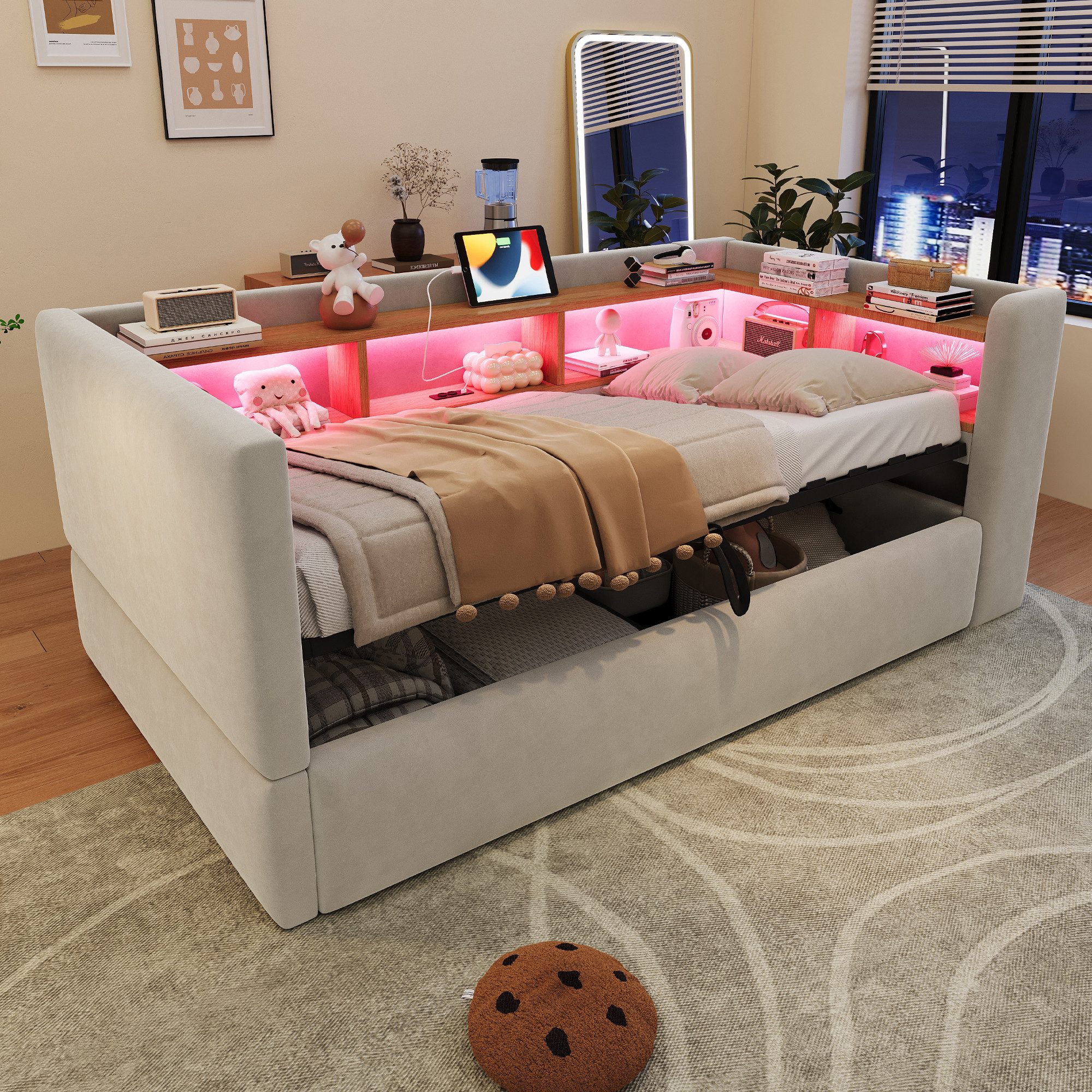 Merax Daybett 90x190cm mit LED-Beleuchtung & Steckdosen, Schlafsofa, Flanellbezug (Einzelbett Sofabett Jugendbett, 1 tlg), Polsterbett Tagesbett mit hydraulischem Stauraum & Ablagefächern