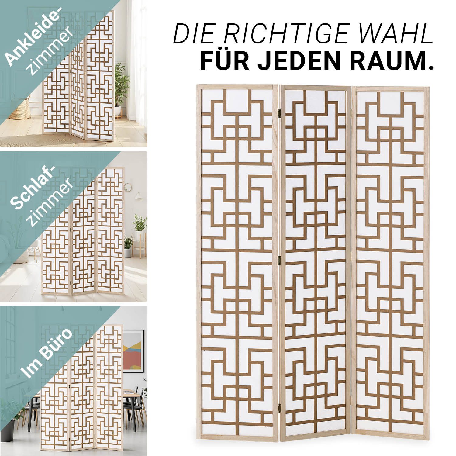 Homestyle4u Paravent Raumteiler Holz Shoji Trennwand Natur Sichtschutz Indoor faltbar (3-teilig), Braun, faltbar