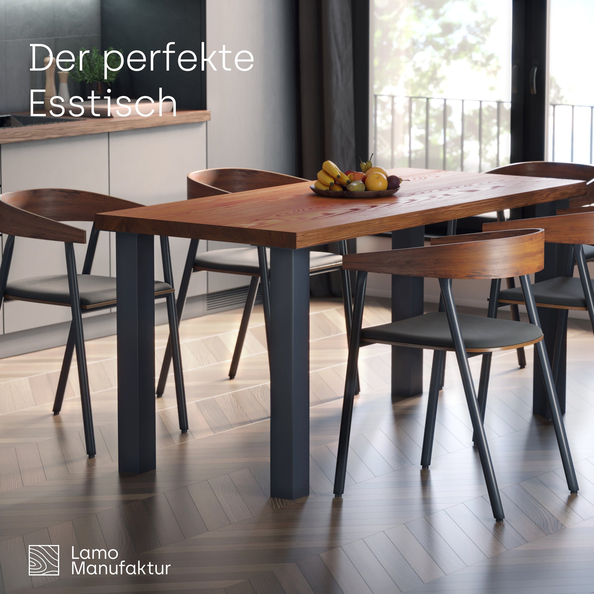 LAMO Manufaktur Kante (1 Classic Küchentisch Anthrazit inkl. Natur | gerade Tisch), Tischplatte Esstisch Massivholz Metallgestell