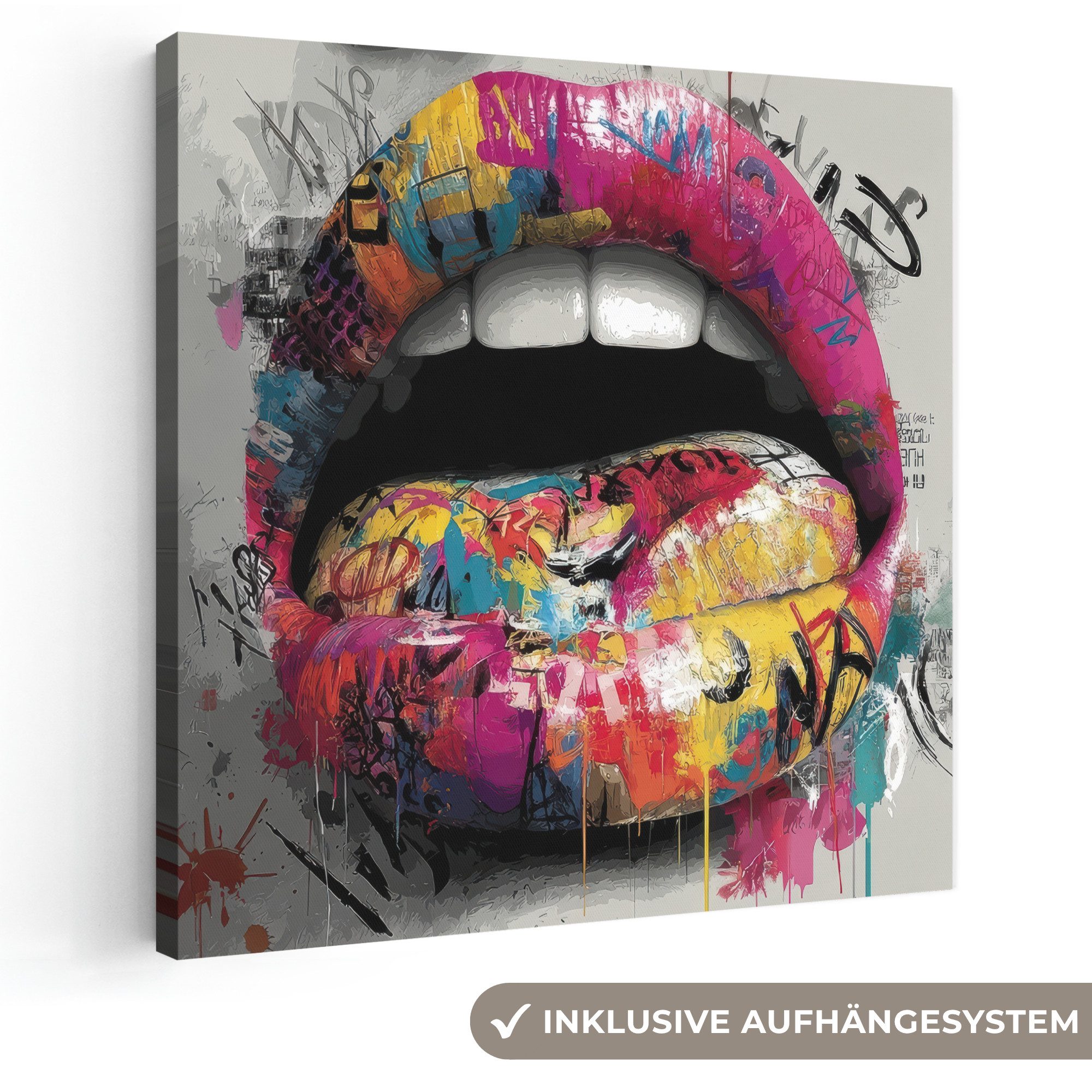 OneMillionCanvasses® Leinwandbild Lippen - Graffiti - Ausdrucksstark, Fotodruck (1 St), Wandbild, Deko Schlafzimmer Wohnzimmer Flur 20x20 cm