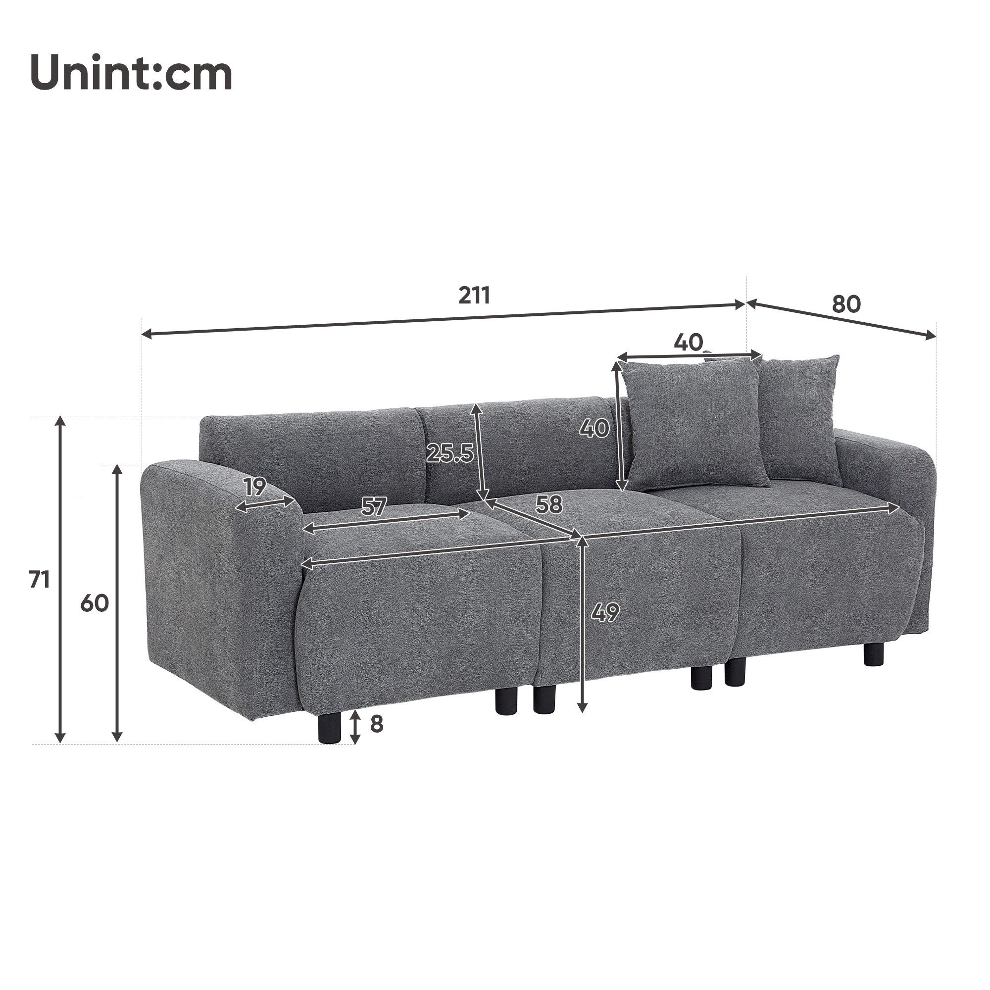 3-Sitzer, aus Chenille-Stoff mit 2 Kissen, 211 x 80 x 71 cm, modulare Couch