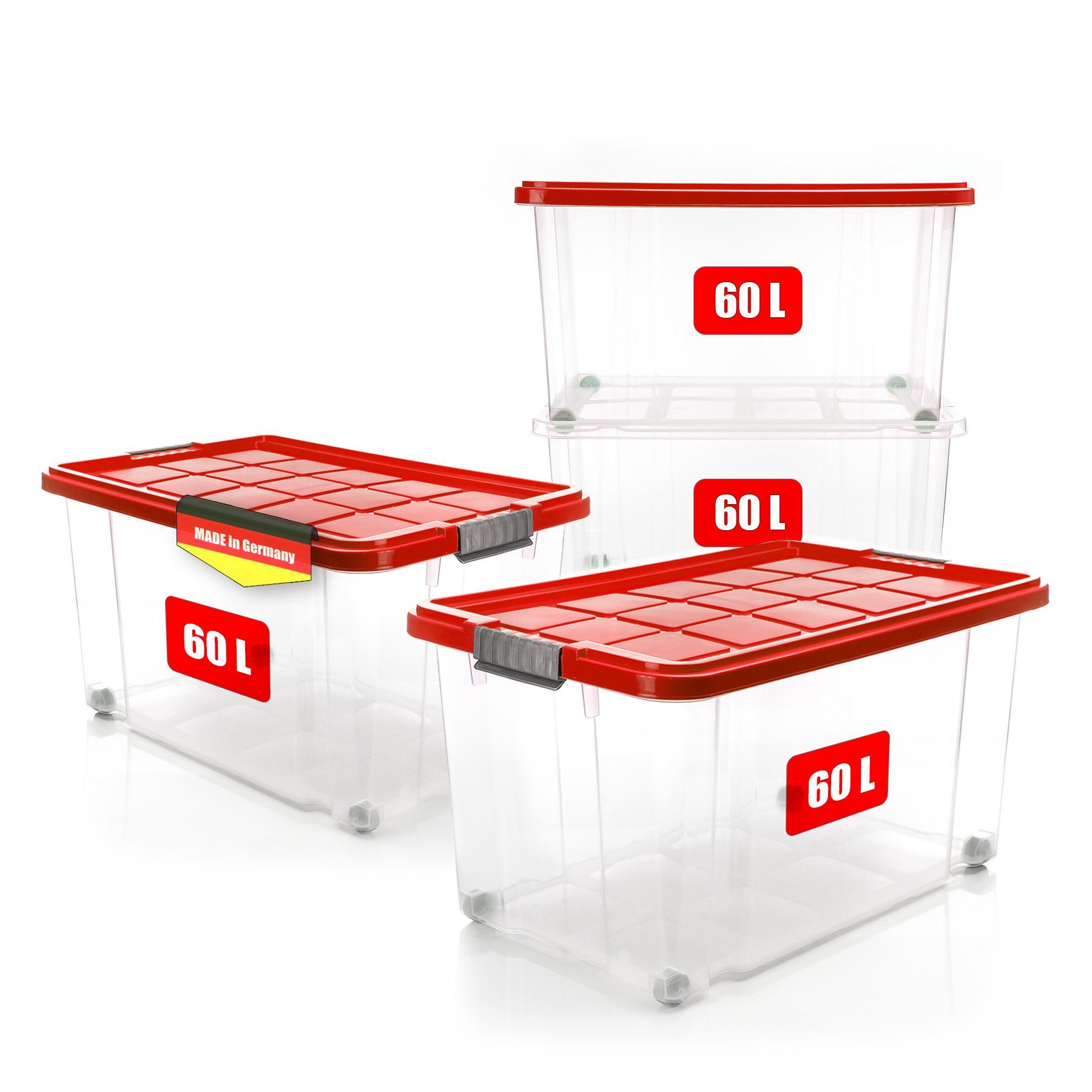 BigDean Aufbewahrungsbox 60 L mit Deckel groß – robuste Stapelbox rollbar mit Klickverschlüssen (Set, 4 St., Aufbewahrungsbox + Deckel + Rollen), Sicher Stapelbar, Platzsparend, Transparent, Rollen, Klickverschlüsse