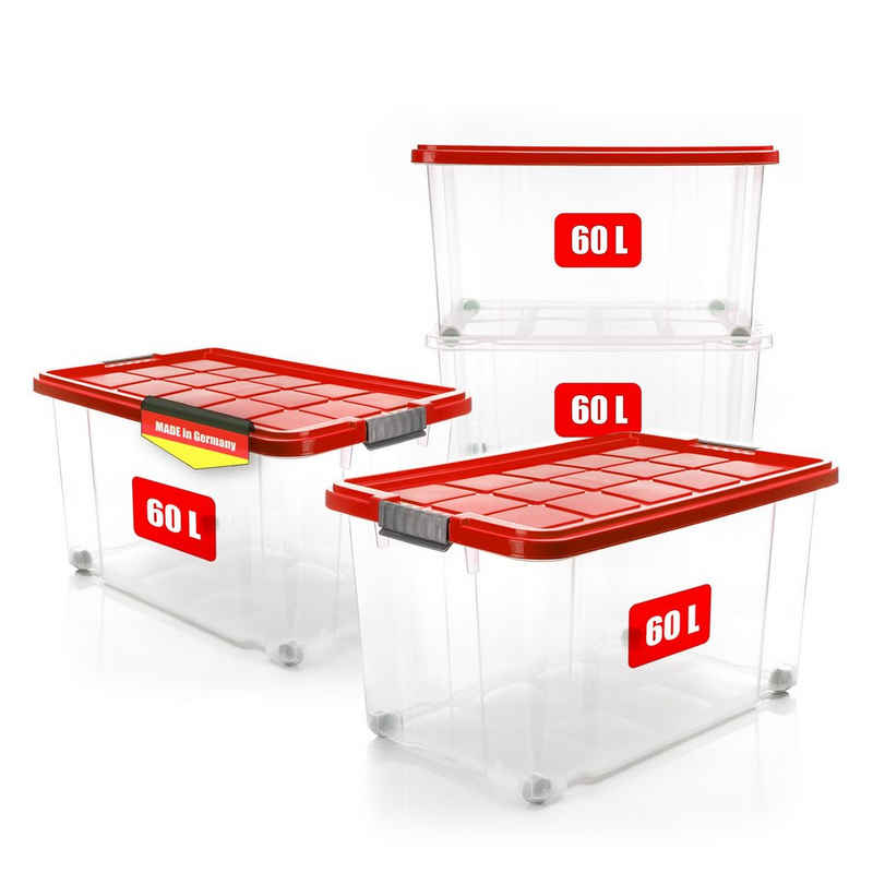 BigDean Aufbewahrungsbox 4x 60 L Aufbewahrungsbox mit Deckel + Rollen rot Stapelbox