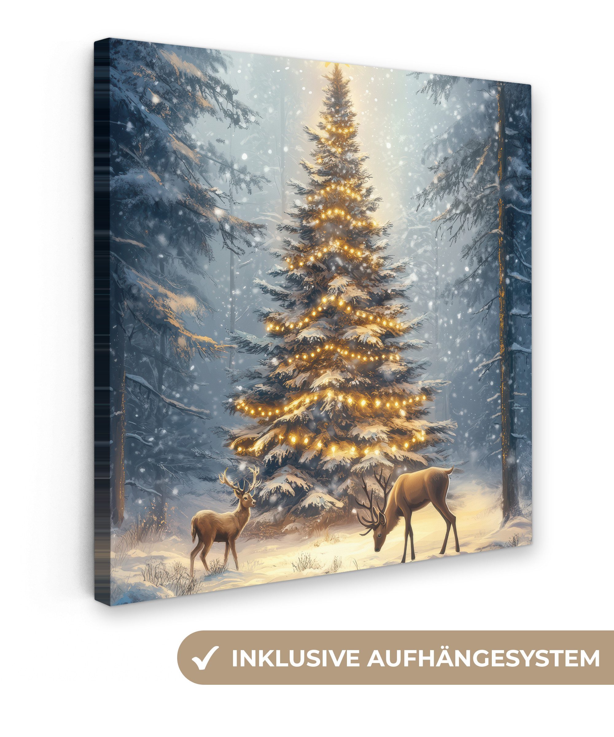 OneMillionCanvasses® Leinwandbild Weihnachtsbeleuchtung - Wald - Hirsche - Dunkelheit, Fotodruck (1 St), Wandbild, Deko Schlafzimmer Wohnzimmer Flur 20x20 cm