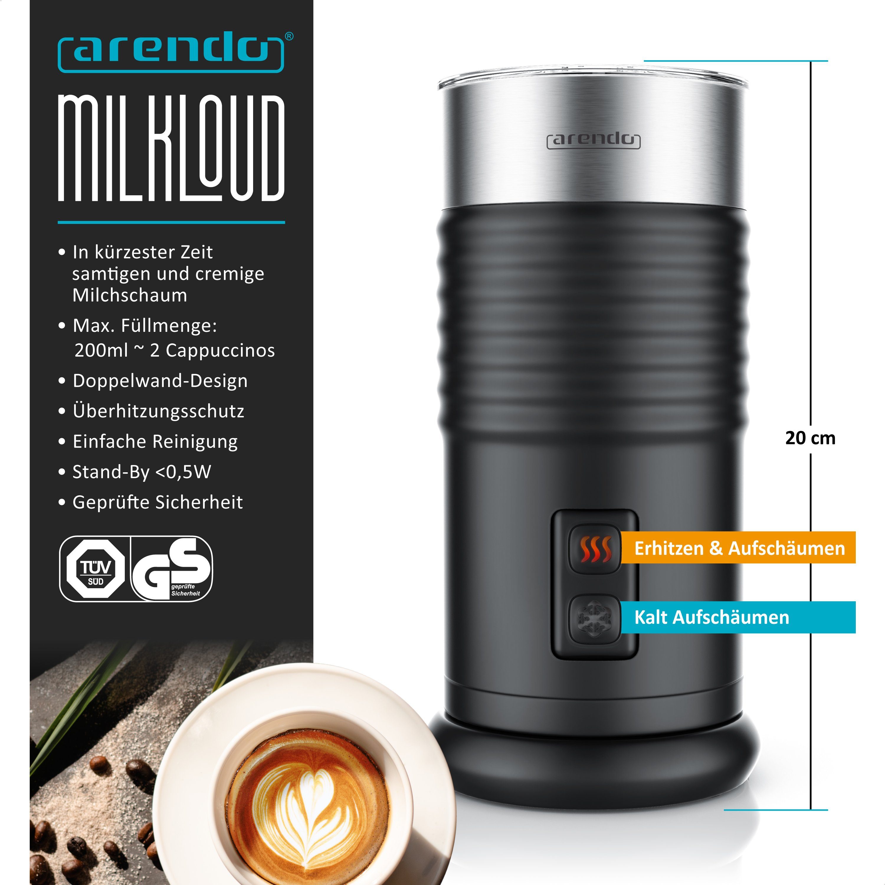 Arendo Milchaufschäumer elektrisch, automatisch, Milk Frother, Warm & Kaltaufschäumen, 435 W, Milch Aufschäumer für Cappuccino, Latte Macchiato, Heiße Schokolade