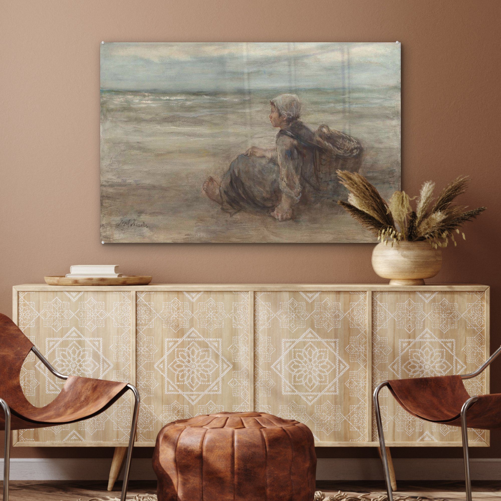 Strand MuchoWow Gemälde Wohnzimmer St), & Acrylglasbild (1 - am Jozef von Acrylglasbilder Israëls, Schlafzimmer Fischermädchen