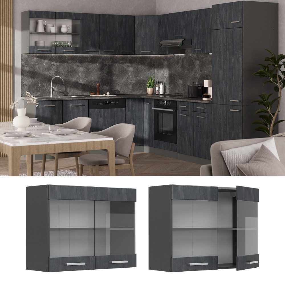 Vicco Glashängeschrank R-Line, Schwarz Beton/Anthrazit, 80 cm (1-St)