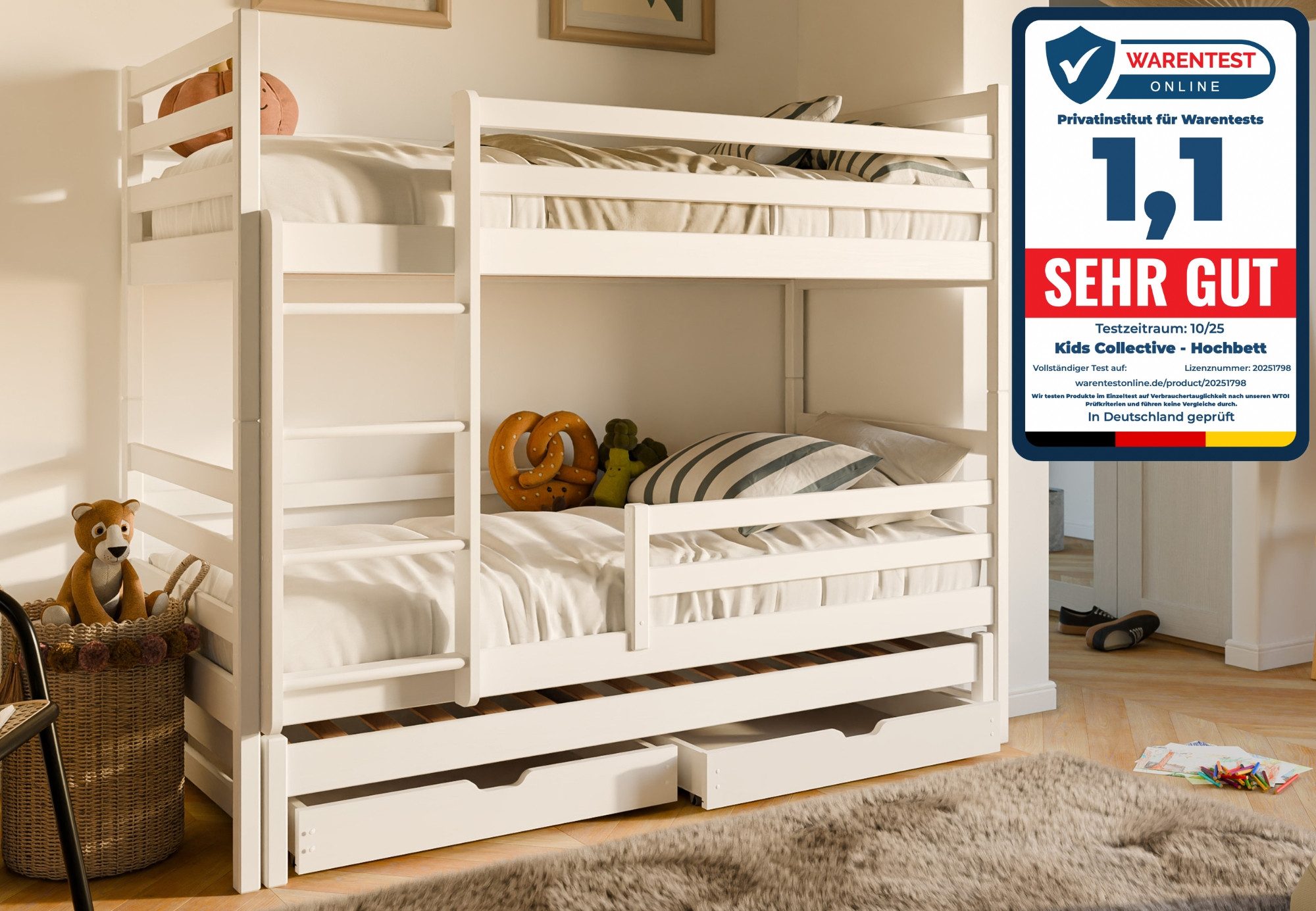 Hochbett 90x200 cm mit Ausziehbett Kinderbett mit Ausziehfunktion, 2 Schubladen