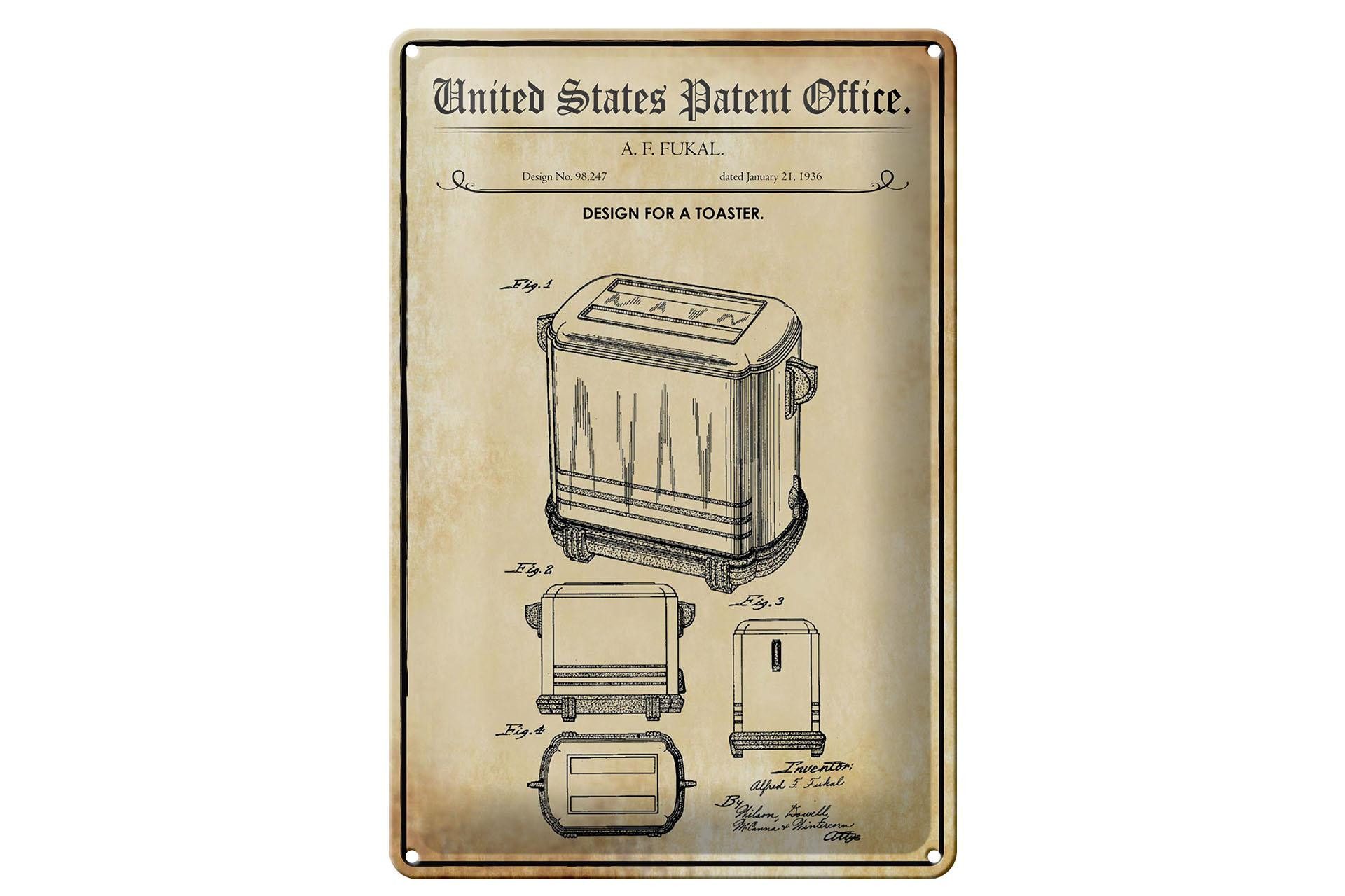 Femer GmbH Metallschild Patent 20x30 cm Entwurf für einen Toaster, (1 St), gewölbte Oberfläche, abgerundete Ecken, umgeschlagene Kanten