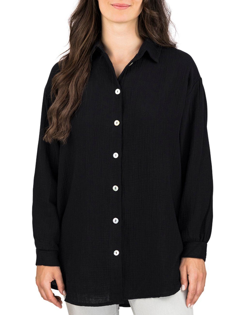 DENIMFY Hemdbluse Damen Bluse DFMathilda Oversize Fit Basic Musselin Hemd aus 100% Baumwolle Black (64000)