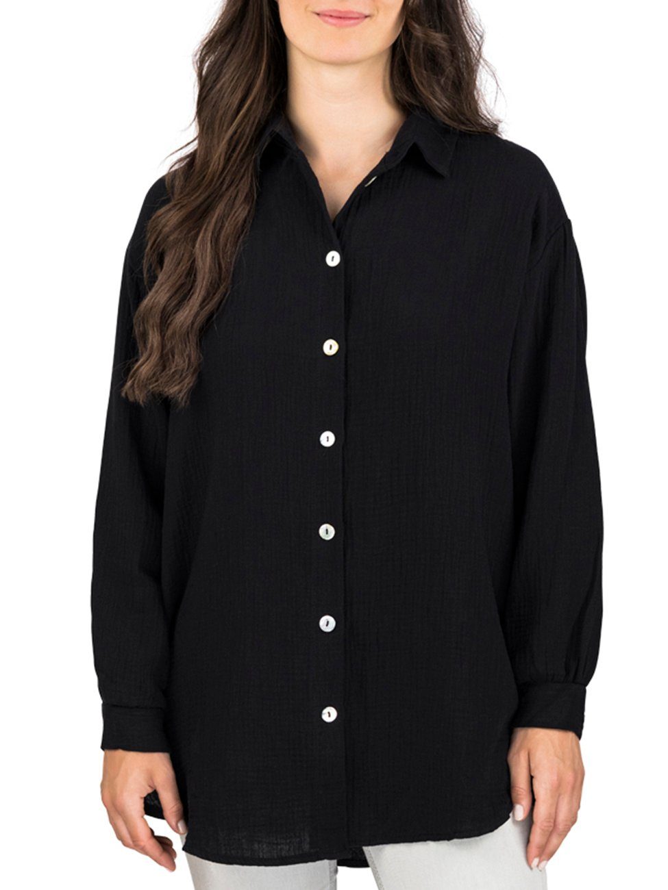 Guhmomh Damen Hemdbluse Aus Baumwolle - Lässiges Langarmshirt Mit V-Ausschnitt