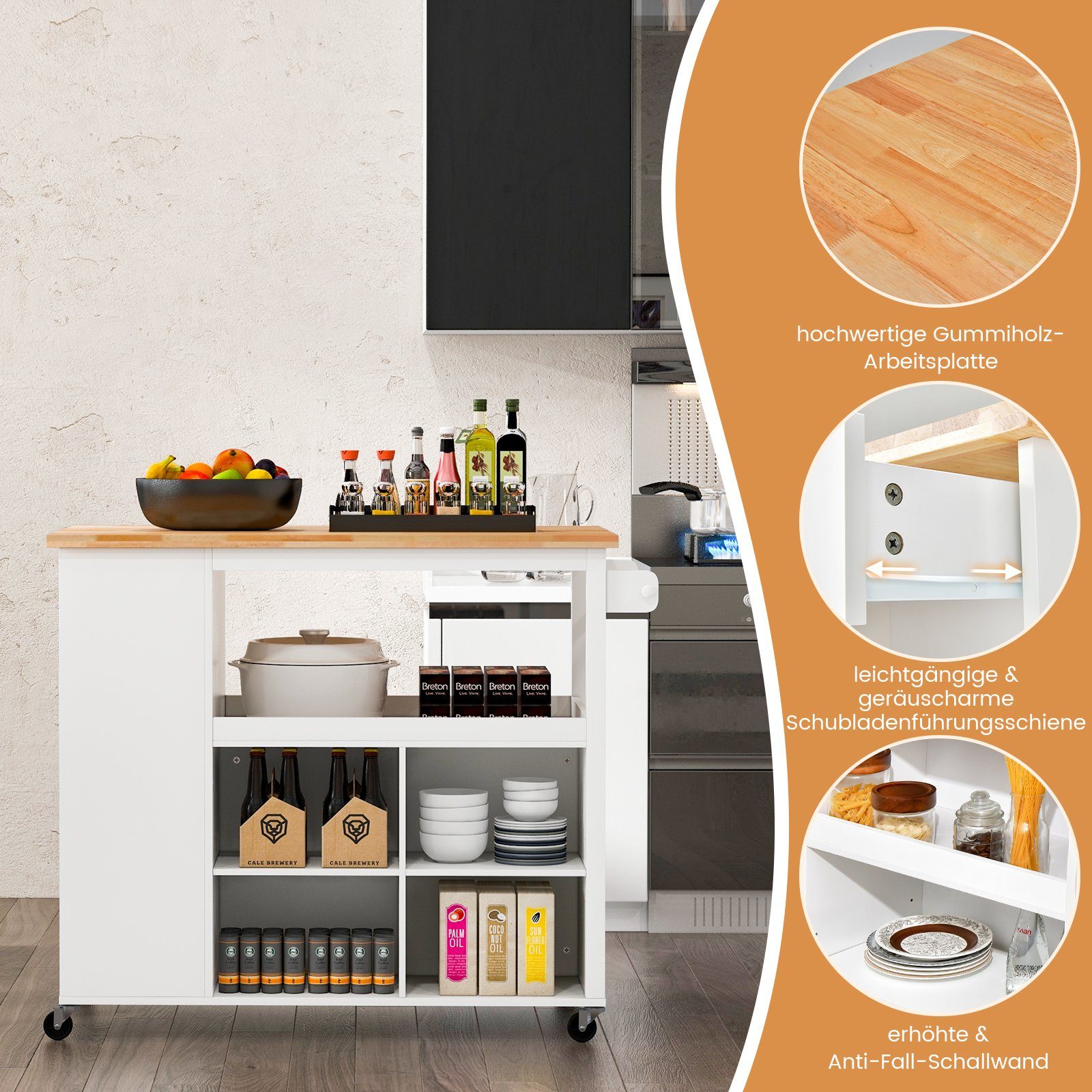 COSTWAY Küchenwagen, mit & Weiß, 4 Handtuchhalter Natur Regalen verstellbaren Schublade