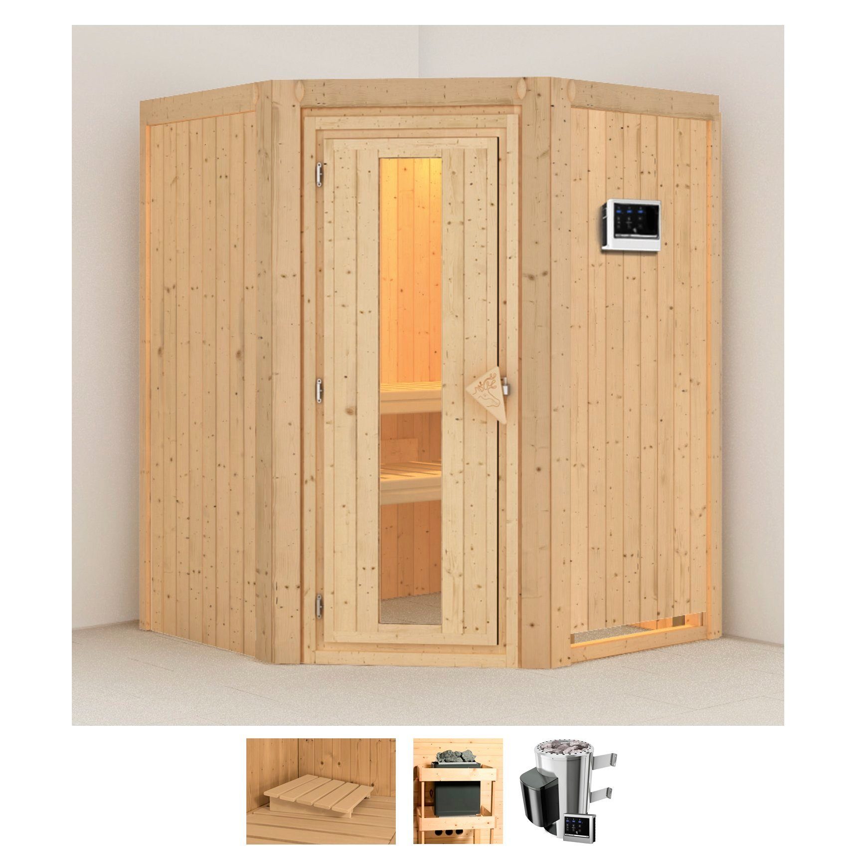 Karibu Sauna Nanna, BxTxH: 151 x 151 x 198 cm, 68 mm, (Set) Ofen 3,6 kW externe Strg.easy