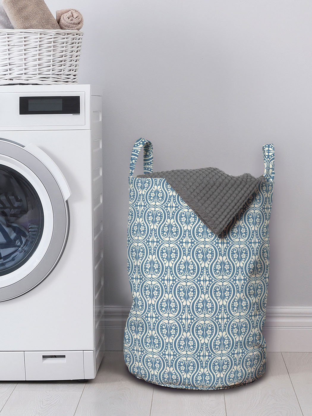 Wäschesäckchen mit Alte Wäschekorb für Waschsalons, Damast Abakuhaus Blumen Symmetrische Kordelzugverschluss Griffen