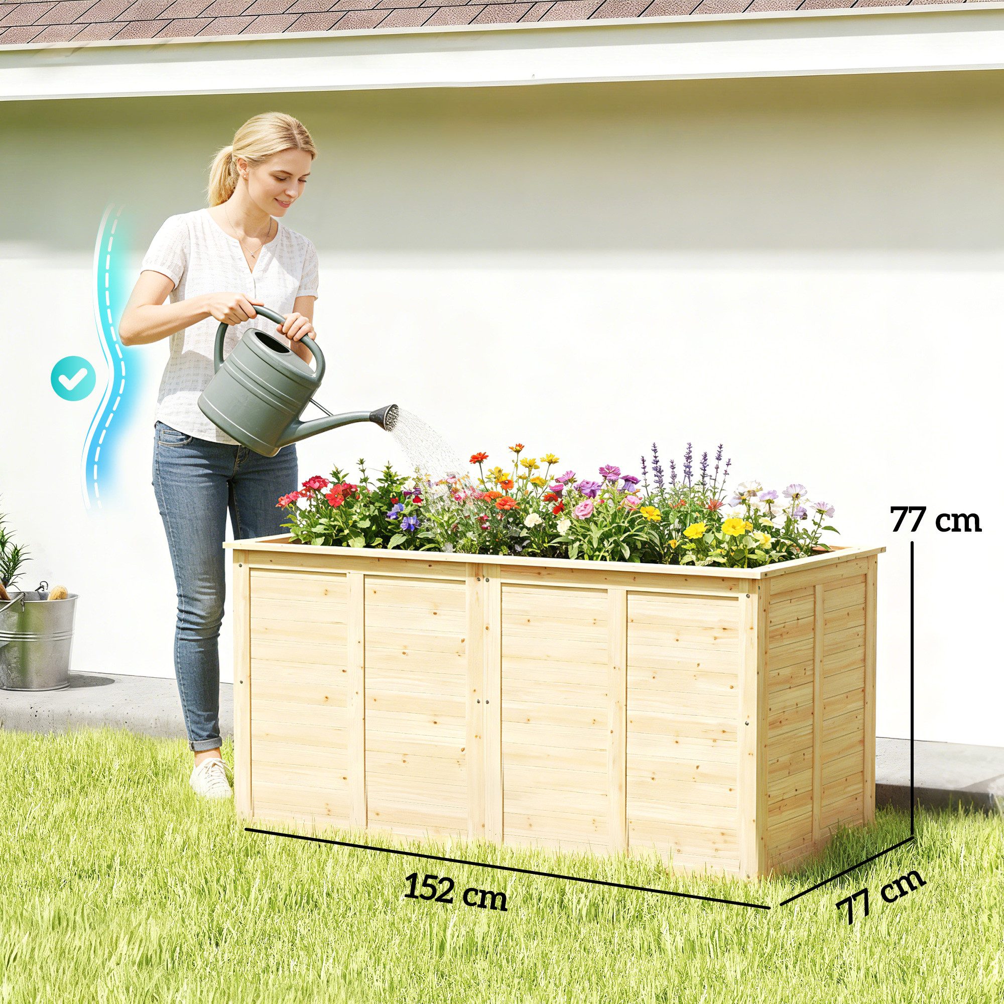 Outsunny Hochbeet Holz Pflanzkübel mit Offenem Boden wetterfest (Pflanzkasten, 1 St., Erhöhtes Tief Kräuterbeet), für Außenbereich Garten Balkon Naturholz
