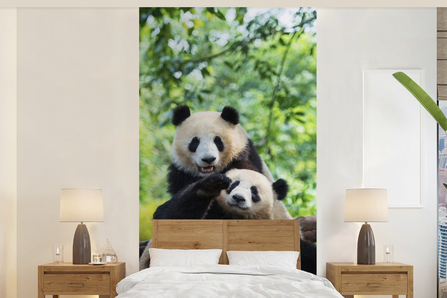MuchoWow Fototapete Panda - Brücke - Natur, Matt, bedruckt, (2 St), Vliestapete für Wohnzimmer Schlafzimmer Küche, Fototapete