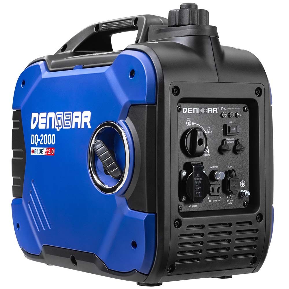 DENQBAR Stromerzeuger DQ-2000, 2,00 in kW, (Benzin Inverter Generator mit 4-Takt-Motor - eBlue®-Technologie - USB-Fast-Load, 1-tlg., 230V - tragbar - Öko-Modus), für Camping, Outdoor, Baustelle, Reise, Wohnmobil und Notstromaggregat