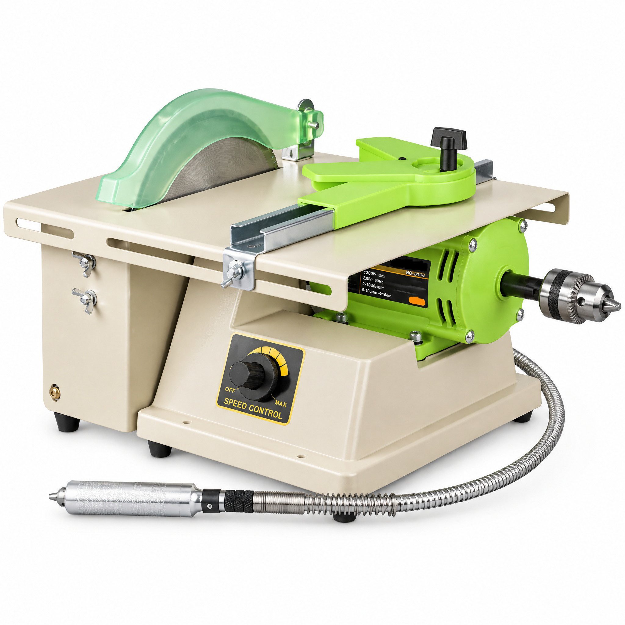 ele eleoption Multischleifer 1380 W Tisch-Schleifmaschine, Poliermaschine für Edelsteine & Jade, max. 7000 U/min, (Set), Drehzahlregelung, Flexible Welle, Doppelte Spindel