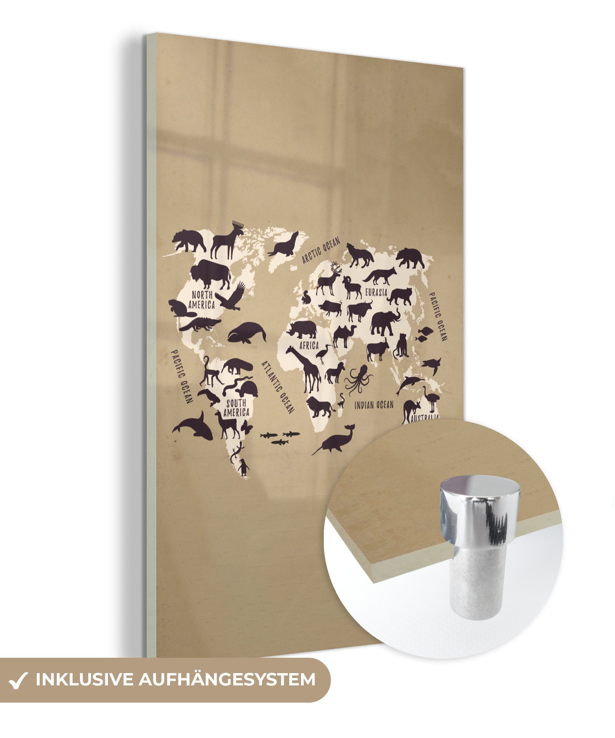 MuchoWow Acrylglasbild Weltkarte - Retro - Tiere, (1 St), Glasbilder - Bilder auf Glas Wandbild - Foto auf Glas - Wanddekoration