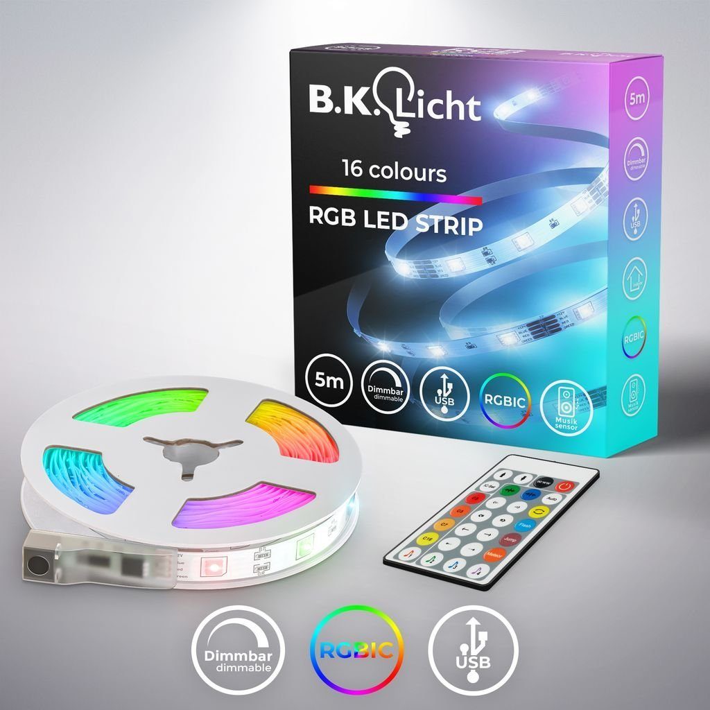 B.K.Licht LED-Streifen 5m USB RGBIC Strip Band dimmbar Musiksensor - BKL1563, 150-flammig