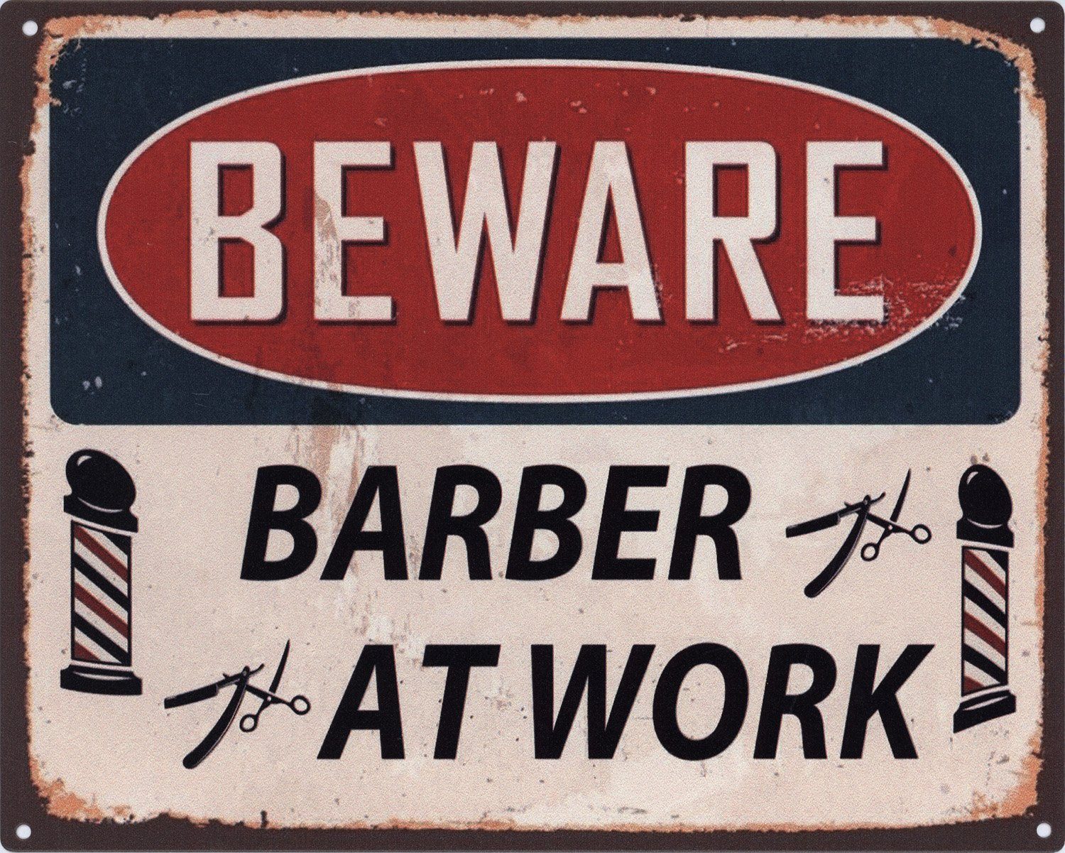 Metallschild Blechschild Beware Barber at work