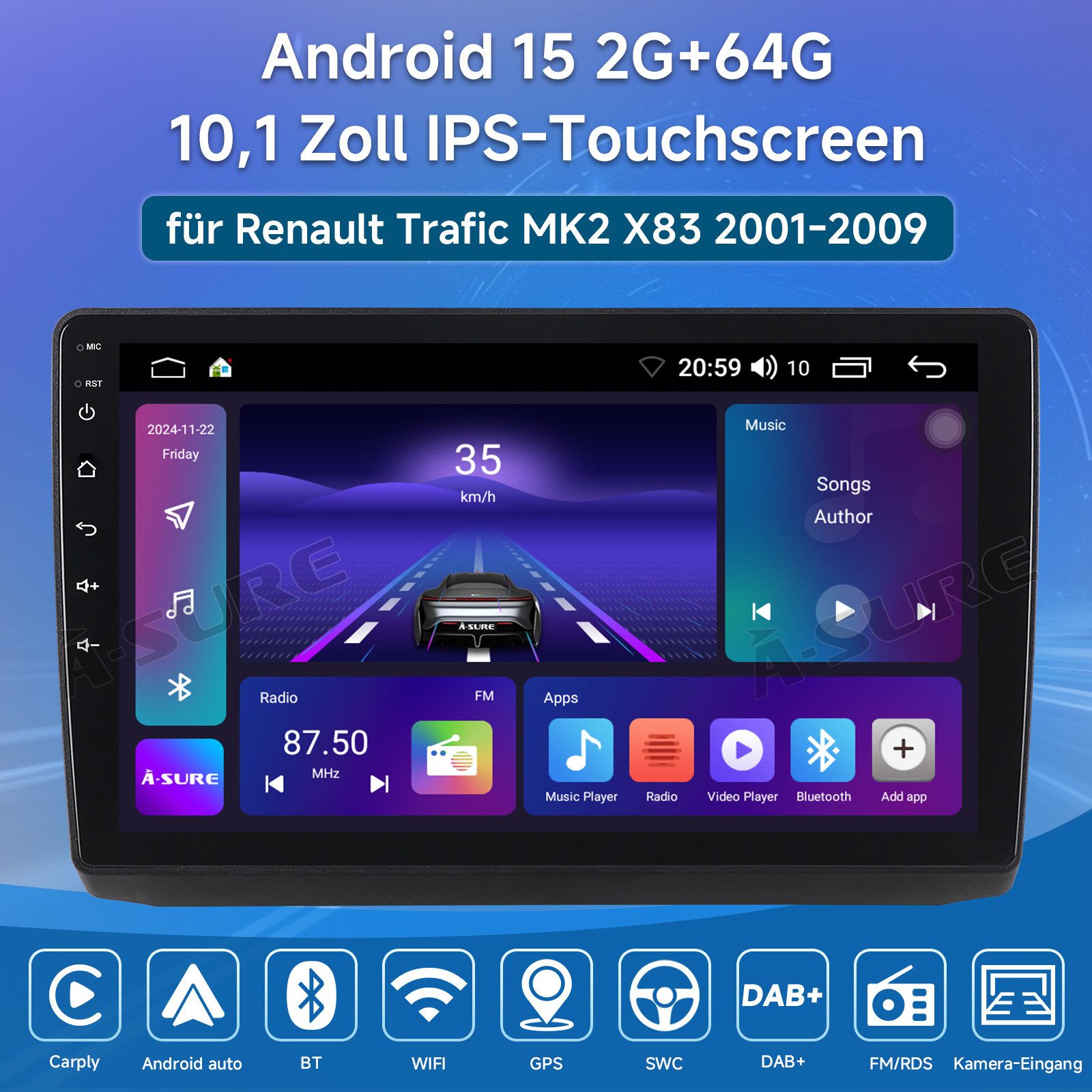 A-Sure DAB+ CarPlay GPS Android 15 Für Renault Trafic VIVARO A 2001–2009 Autoradio (Digitalradio (DAB), Carplay Android Auto Bluetooth EQ USB GPS SWC WIFI Touchscreen)