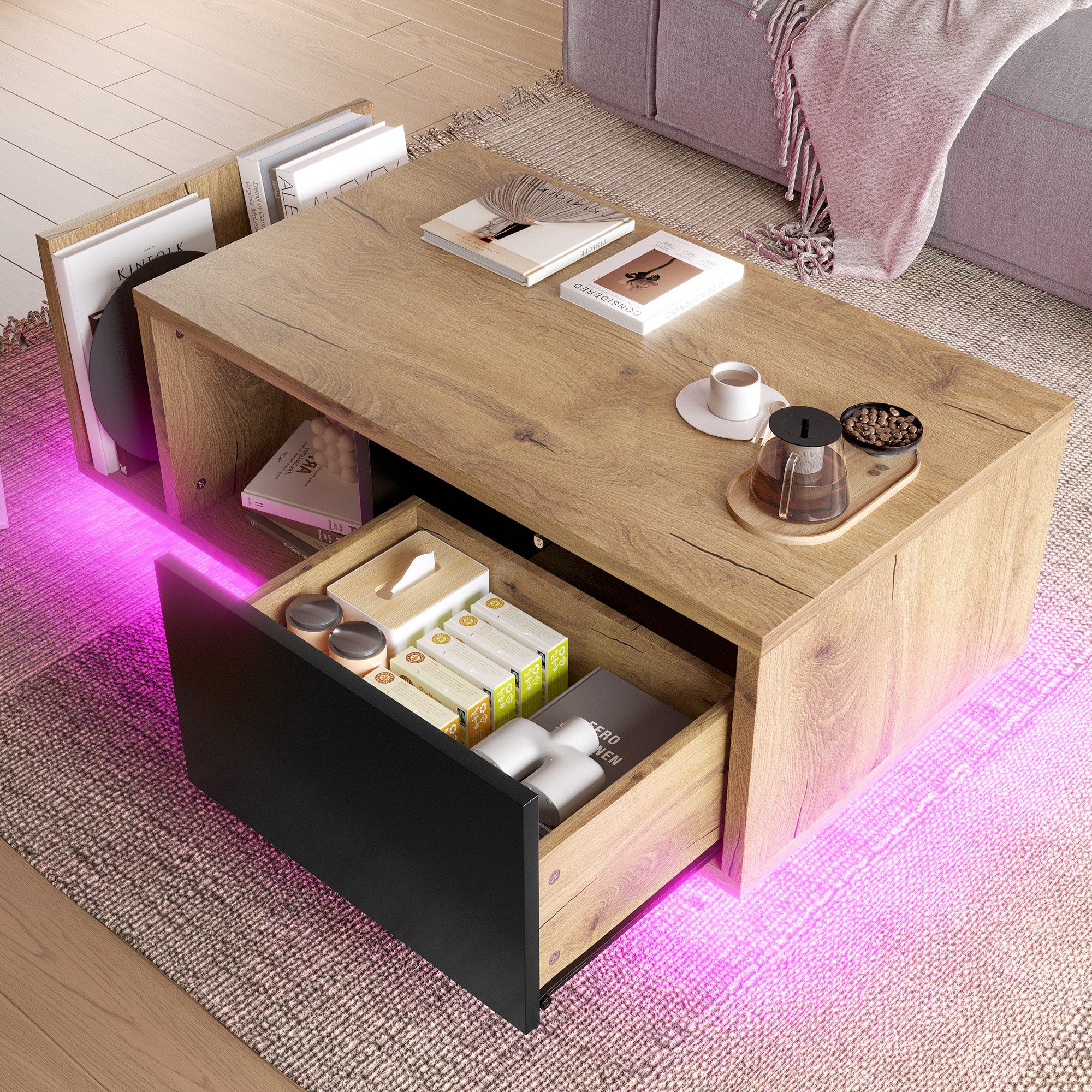 Yorbay Couchtisch Wohnzimmertisch mit LED-Beleuchtung und Schubladen (99,5 × 53 × 38 cm), Retro-Design mit Stauraum, Beistelltisch Sofatisch für Wohnzimmer