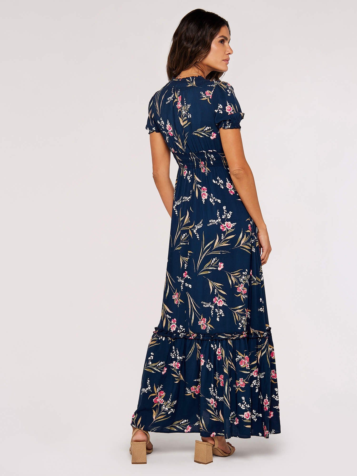Apricot Druckkleid Florales Maxikleid mit gesmokter Taille – Bild 4 von 5