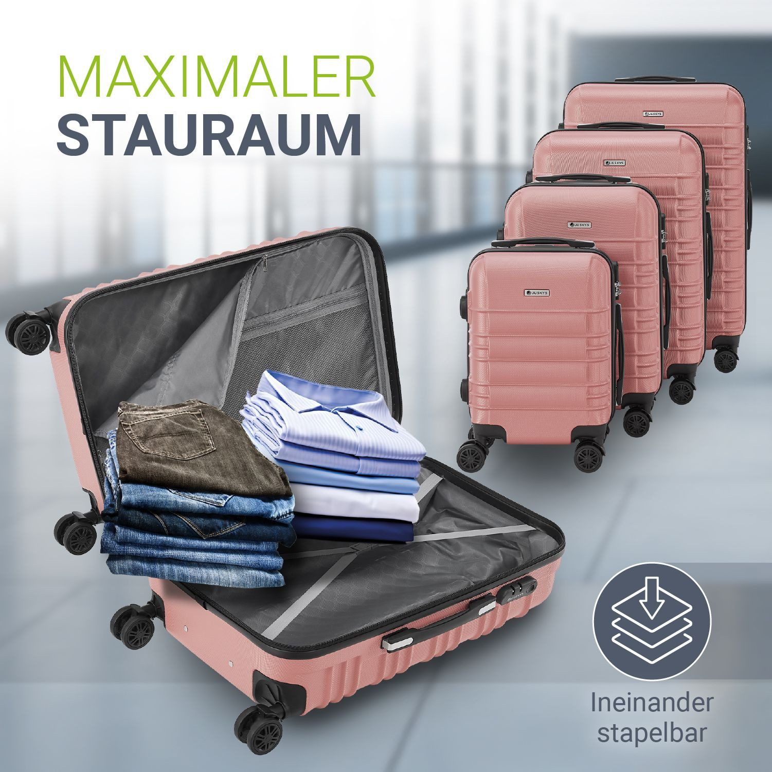 Juskys Trolleyset Rom, 4 Rollen, (4 tlg., 4-teilig), 4 Koffer, 360° Rollen, robuste Hartschale, mit Zahlenschloss