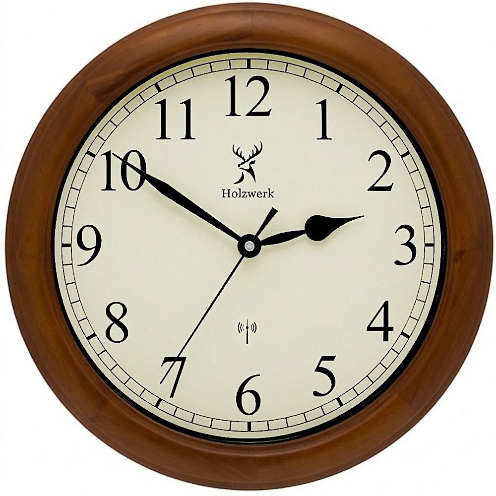 Holzwerk Funkwanduhr Designer Loft Funk Holz Wand Uhr, braun, beige, weiß (Nahezu lautloses Uhrwerk, analog, 35 cm)