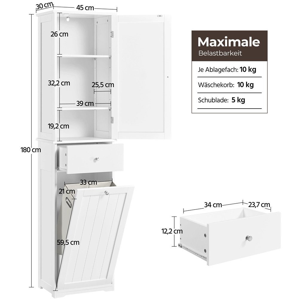 Yaheetech Hochschrank Badezimmerschrank mit Wäschekorb Schmaler Badschrank Badkommode Standregal, Einlegeböden verstellbar – Bild 4 von 5