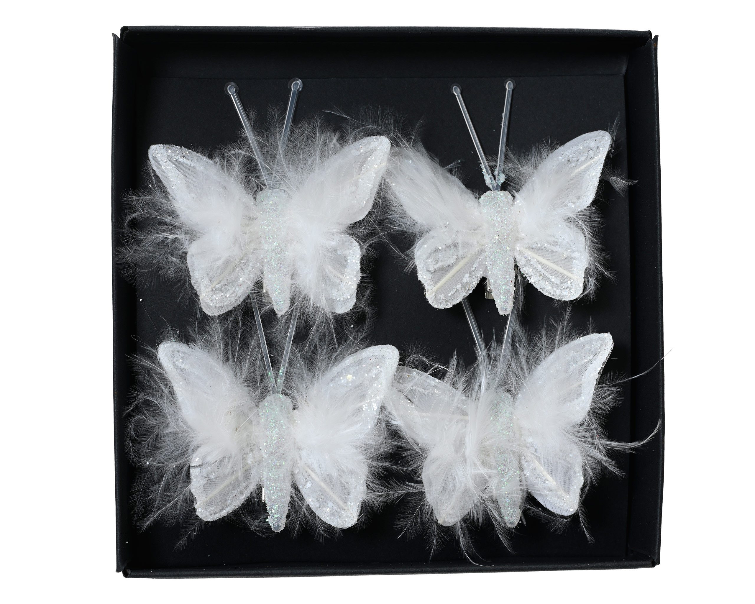 Kaemingk Christbaumschmuck, Schmetterling mit Federn & Clip 5cm 4er Set Winterweiß