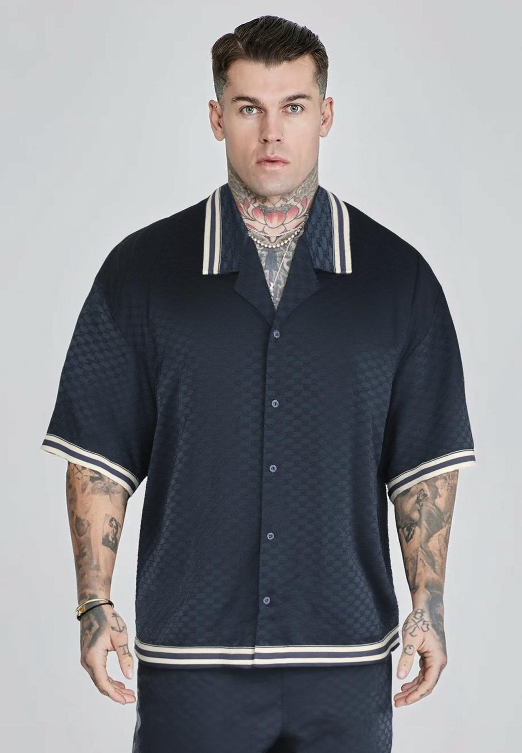 Siksilk Kurzarmhemd SikSilk Herren Navyblau Monogram Resort Shirt