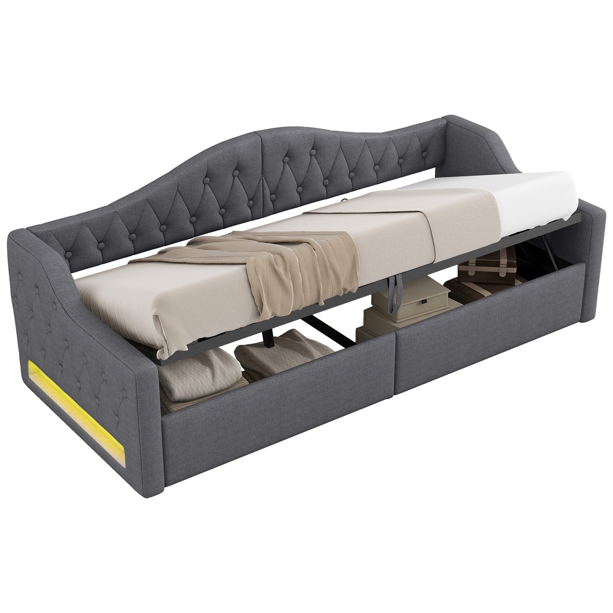 SOFTWEARY Schlafsofa mit Bettfunktion, 90x200 cm, Polsterbett mit LED-Beleuchtung, Lattenrost und Stauraum, Einzelbett, Stauraumbett, Leinen