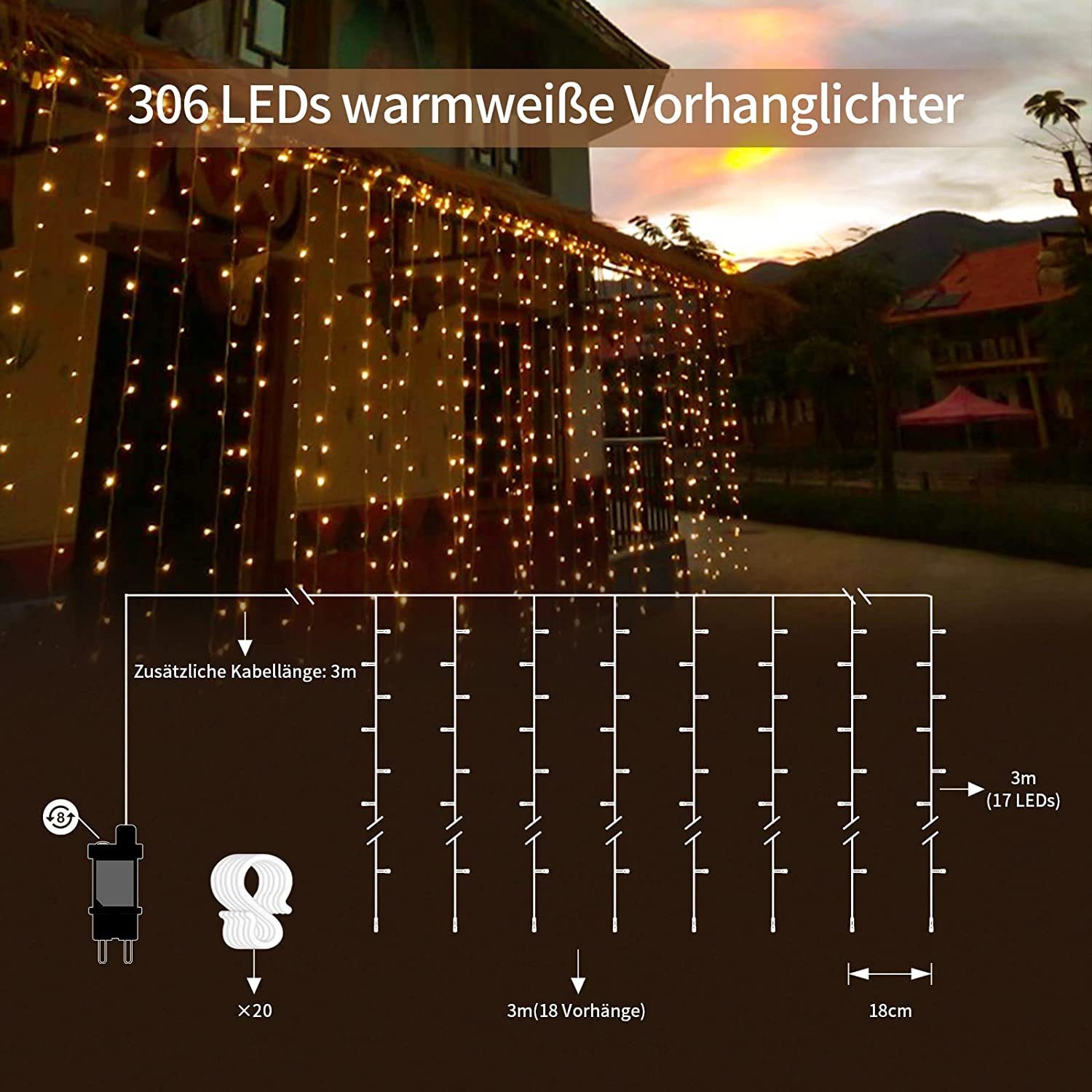 Deko, 306-flammig, für Schlafzimmer Lichterkettenvorhang LED-Lichterkette Speicherfunktion, 8 Fenster Terrasse 3x3M, Daskoo Weihnachten Leuchtmodi, Wasserdicht, für