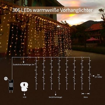 Daskoo LED-Lichterkette Lichterkettenvorhang 3x3M, Speicherfunktion, für Fenster Deko, 306-flammig, 8 Leuchtmodi, Wasserdicht, für Schlafzimmer Weihnachten Terrasse