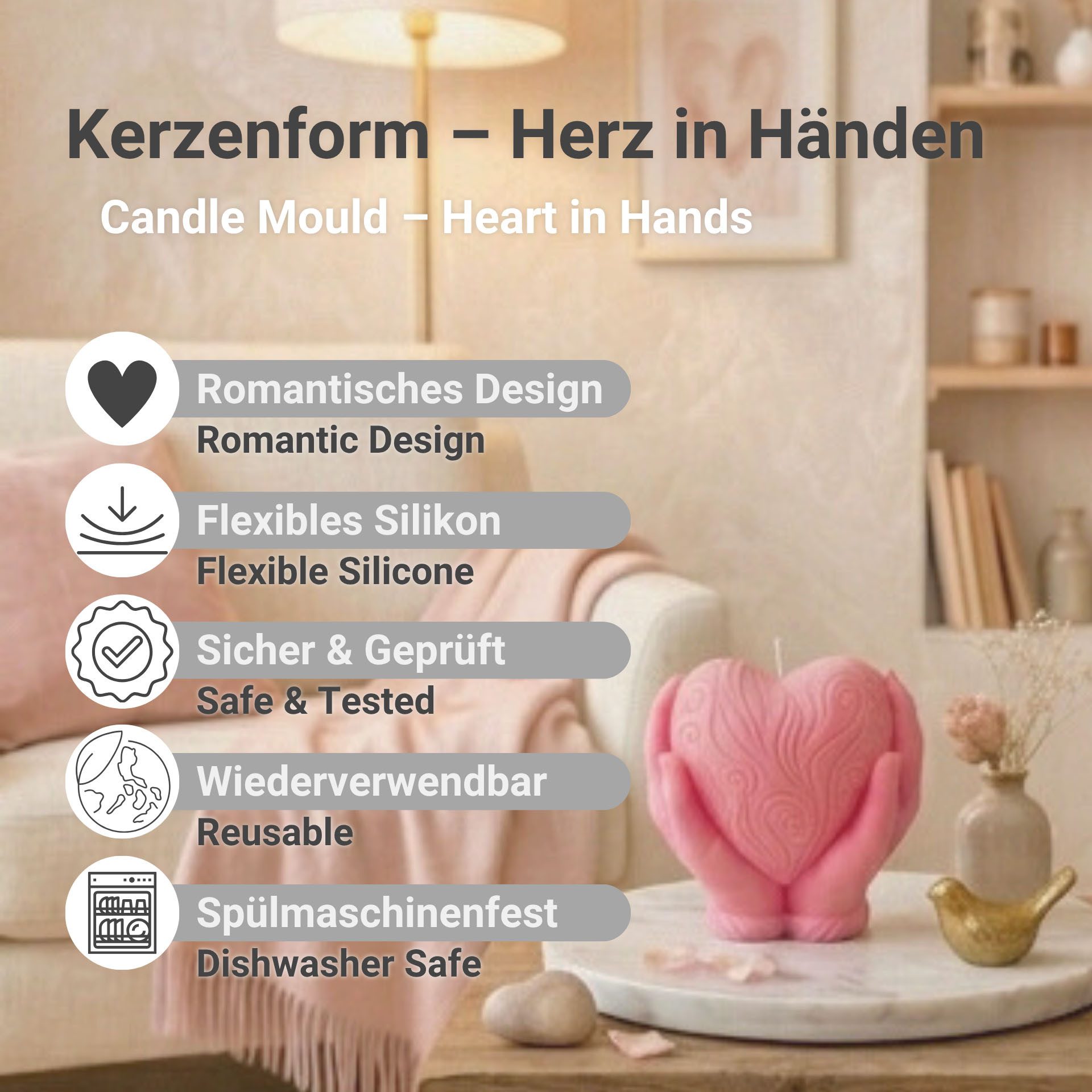 DistrEbution Silikonform Herz in Händen – detailreiche Form für romantische Kerzen, Kerzenform – Bild 2 von 5