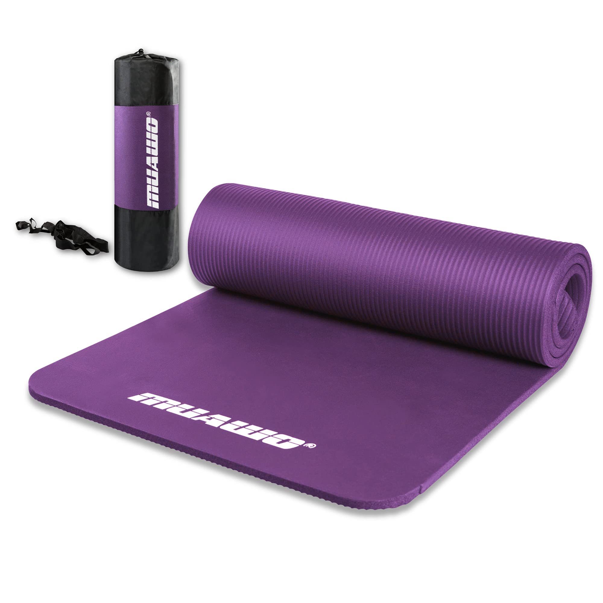 Muawo Fitnessmatte, Yogamatte, Sportmatte und Gymnastikmatte (mit Tragegurt und Trage-/ Aufbewahrungstasche), extra dick 15 mm & extra lang 190 cm, PHTHALATFREI, kein Chemie Geruch
