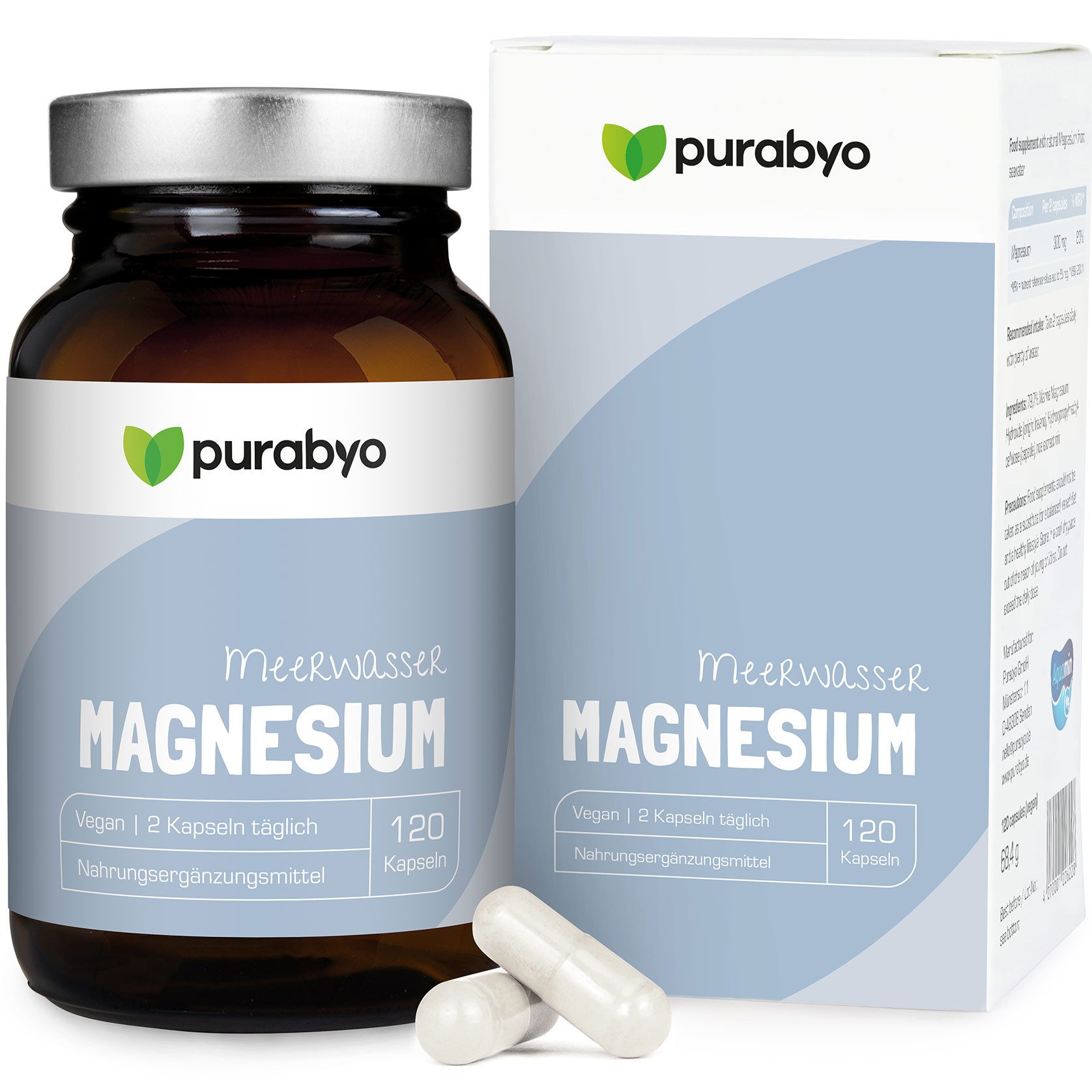 Purabyo Magnesium, natürlich aus Meerwasser, Aquamin Rohstoff Irland, im Glas Kapseln, 1 er 120 St., 67.6 g