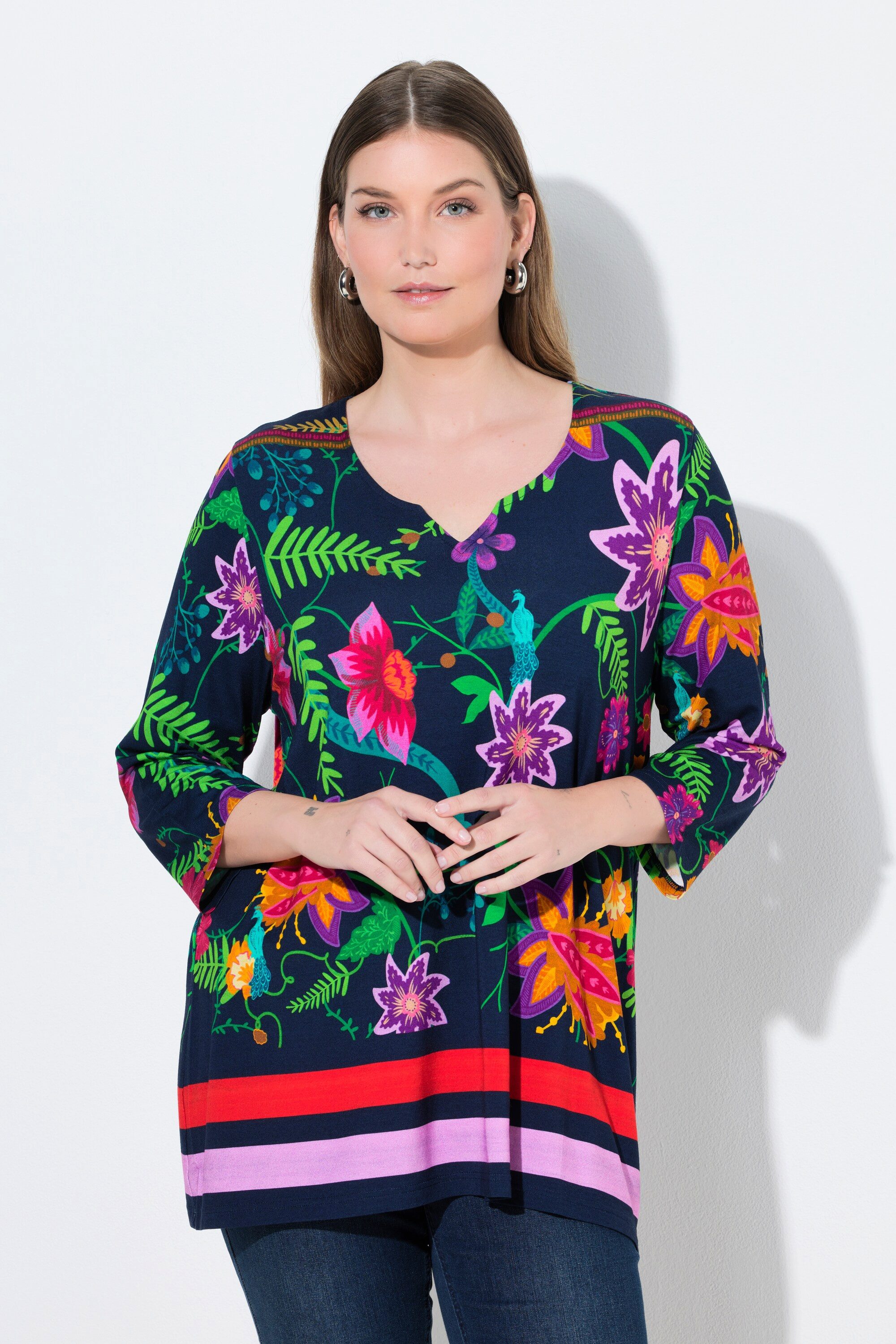 Ulla Popken T-Shirt Shirt Landhausdruck A-Linie Tunika-Ausschnitt