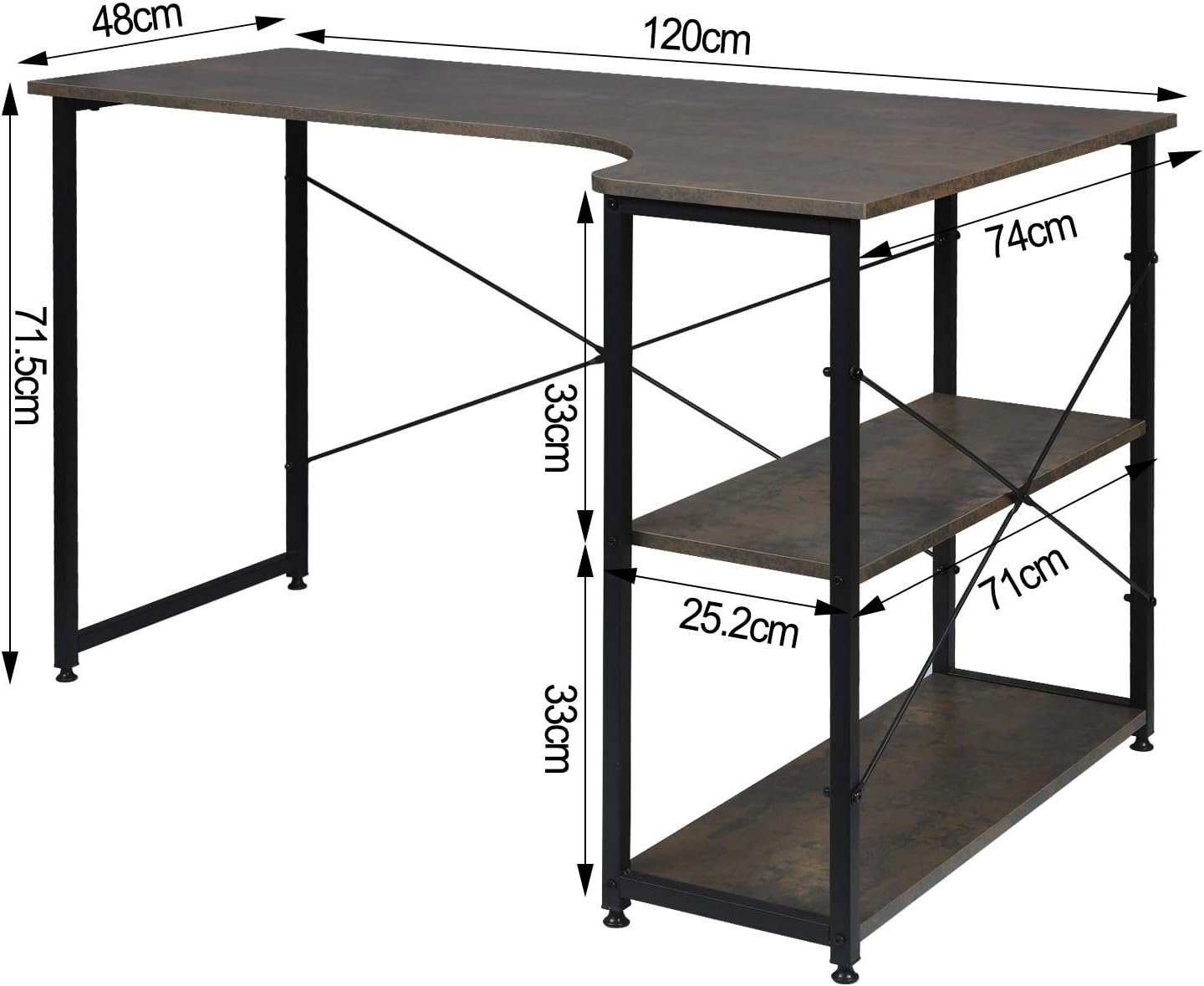 Woltu Stahl, ca.120x74x71,5 Schreibtisch aus (1-St), Schwarz-Rostfarbe cm und Holz Ablage, mit