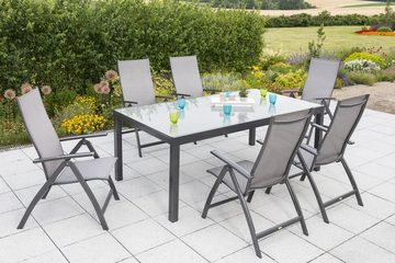 MERXX Garten-Essgruppe Vicenza, (Set 7-teilig, Tisch, 6 Klappsessel, Aluminium mit Textilbespannung, Sicherheitsglas), mit ausziehbarem Tisch